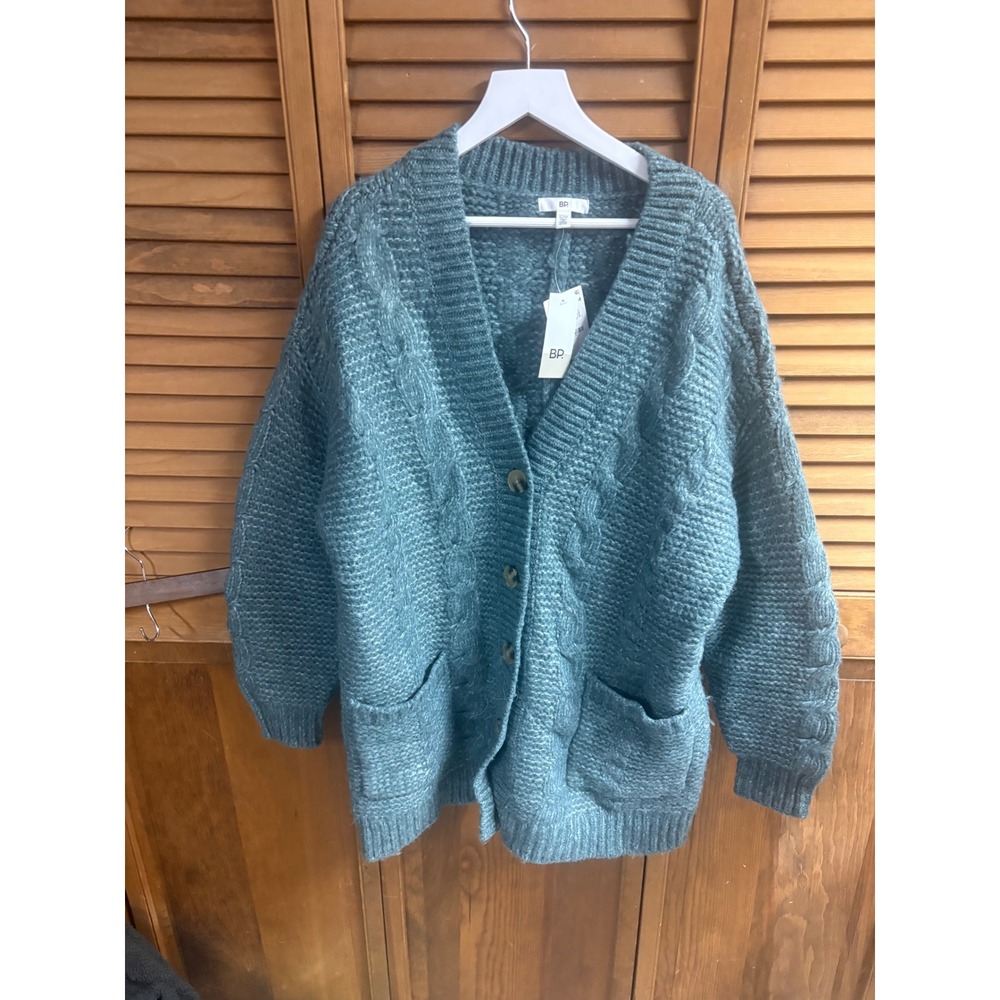 BP Nordstrom Teal Blue Cable‎ Knit Oversized Button Front Cardigan Sweater NEW